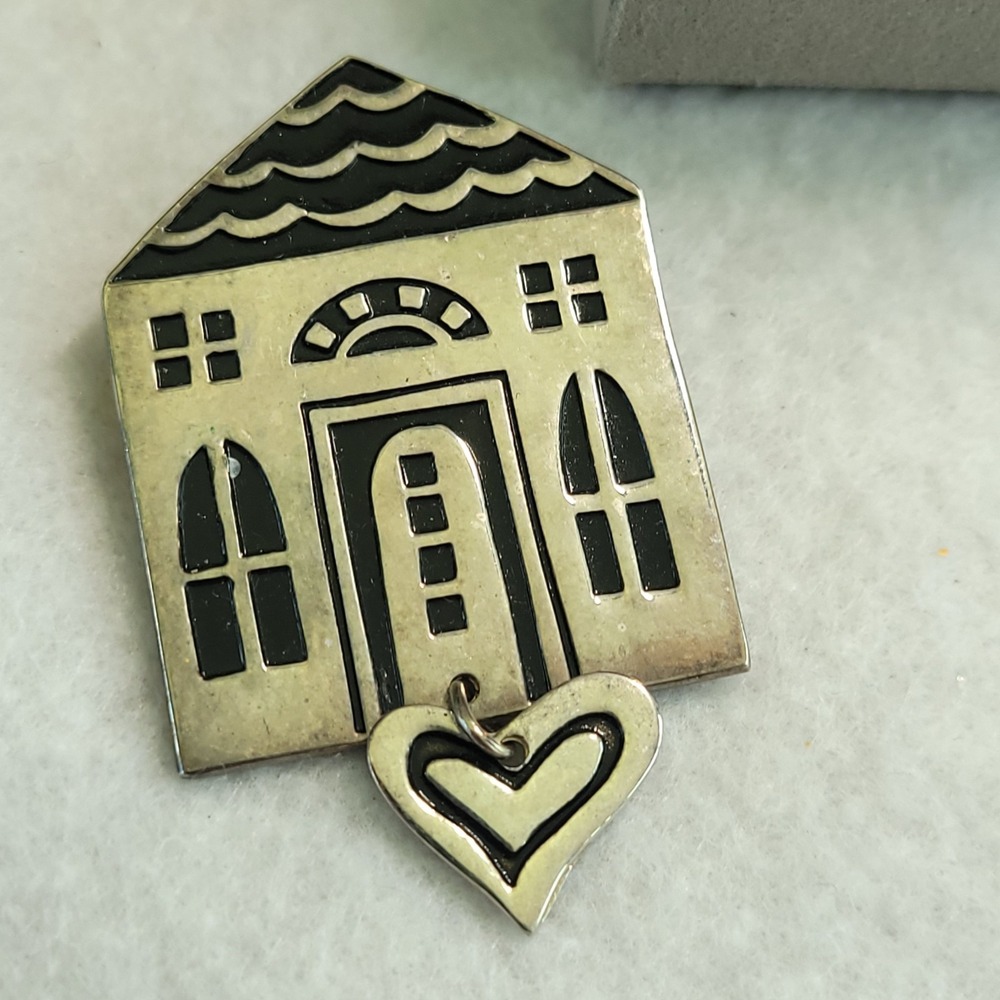 Vintage Hallmark HMK CDS House Heart Brooch Silver Tone Black Enamel Pin
